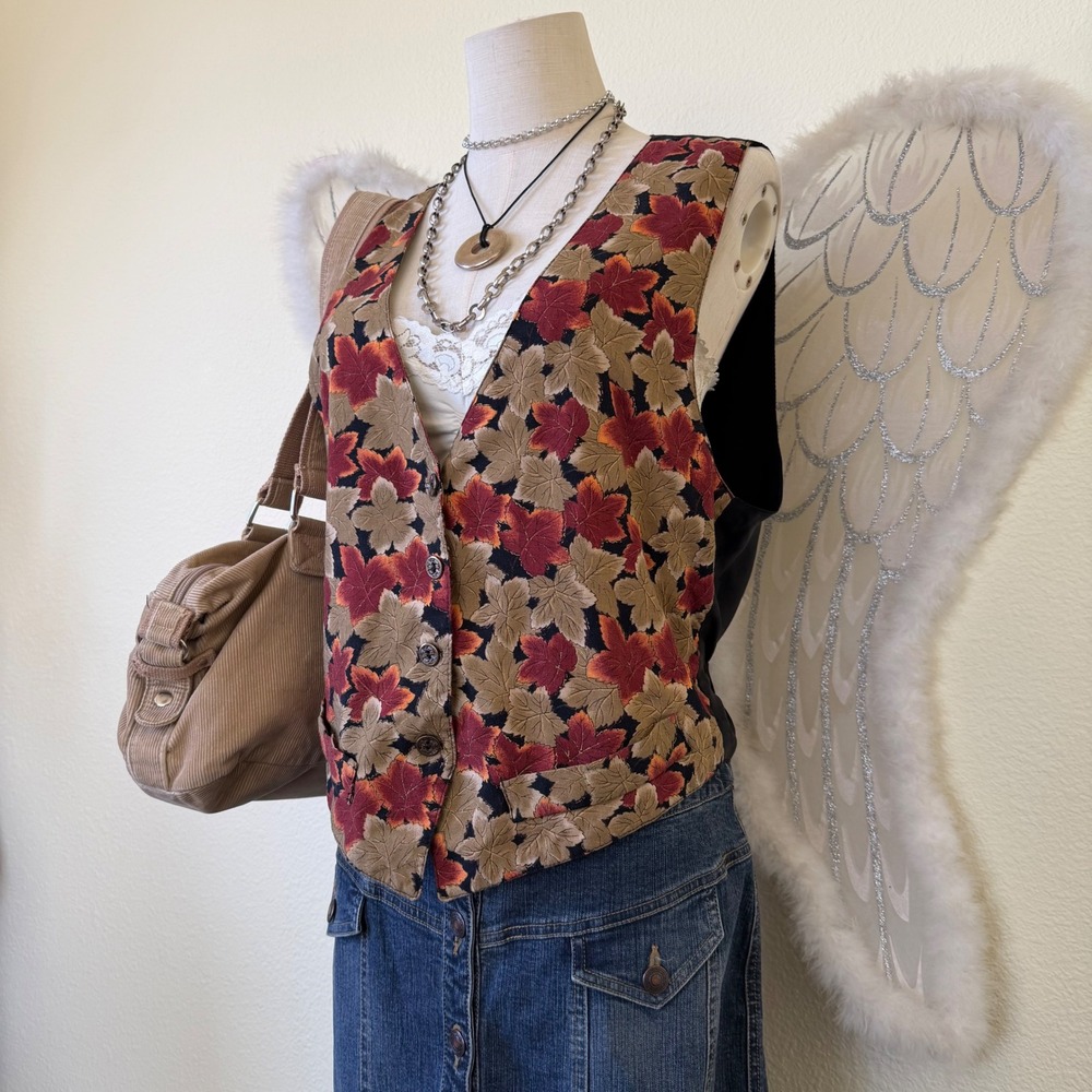 90s Forest Girl Floral Leaf Print Vest Goblincore Retro Teacher Funky Floral - Picture 2 of 9